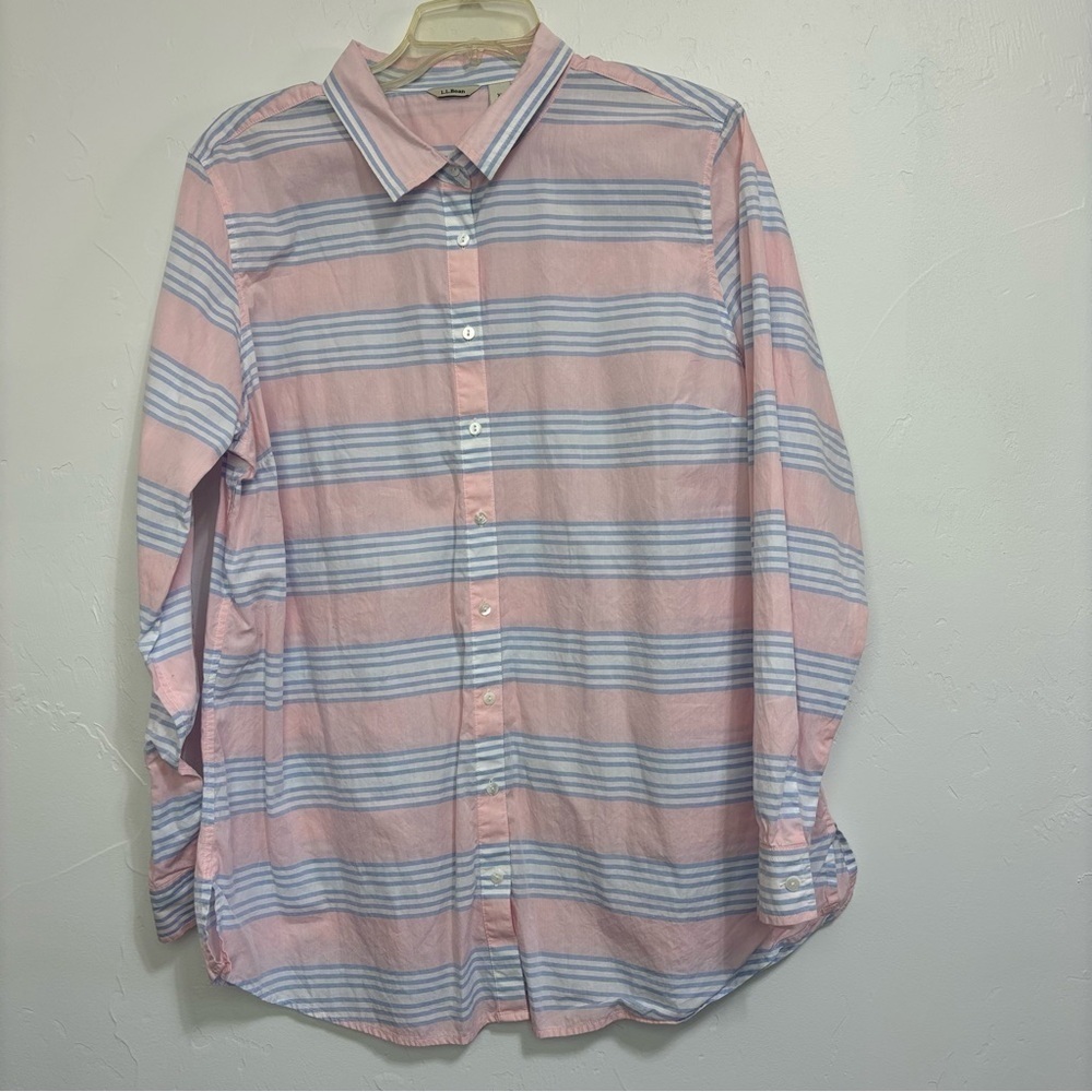 LL Bean Women's XL Striped Button Front Cotton Long Sleeve Shirt Pink Blue